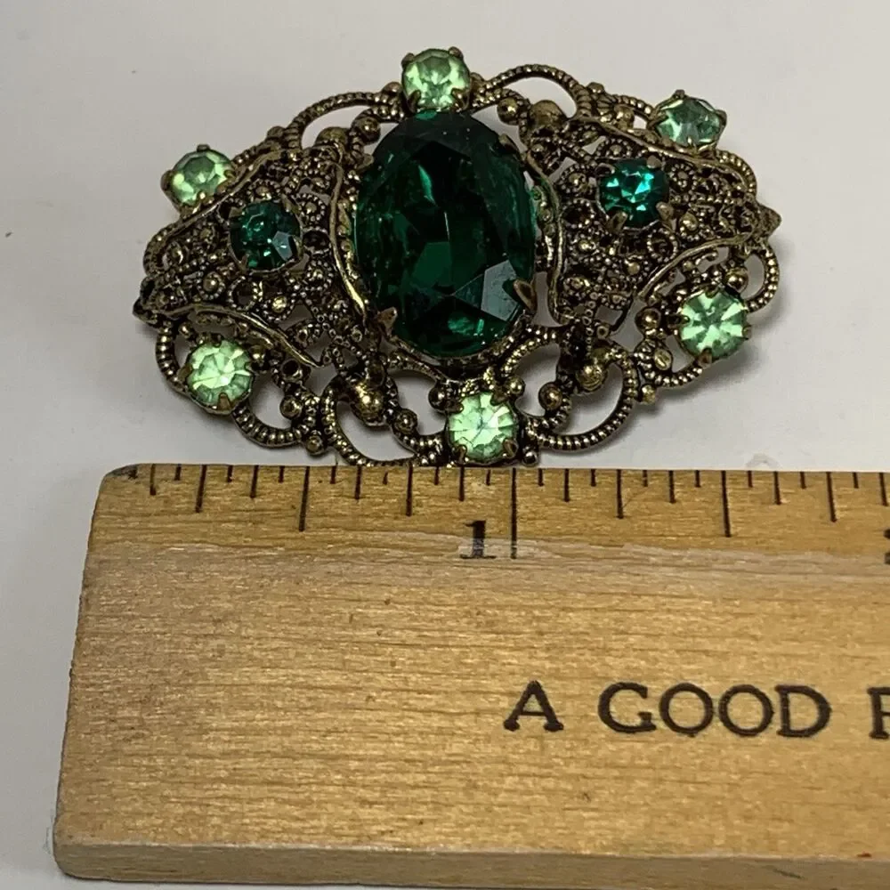 Vintage Brooch Czech Gold Tone Filigree Pin Green Stones Ornate Jewelry 1.25”